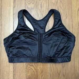 ENELL‎ NL102 Women's High-Impact Front Hook Black Satin Wirefree Sports Bra Sz 6